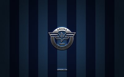 Adana Demirspor logo, turkish football clubs, Super Lig, blue carbon background, Adana Demirspor emblem, football, Adana Demirspor silver metal logo, soccer, Adana Demirspor FC