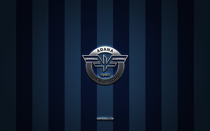 logotipo de adana demirspor, clubes de fútbol turcos, super lig, fondo de carbono azul, emblema de adana demirspor, fútbol, logotipo de metal plateado de adana demirspor, adana demirspor fc