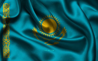 علم كازاخستان, 4k, الدول الآسيوية, أعلام الساتان, يوم كازاخستان, أعلام الساتان المتموجة, الرموز الوطنية الكازاخستانية, آسيا, كازاخستان