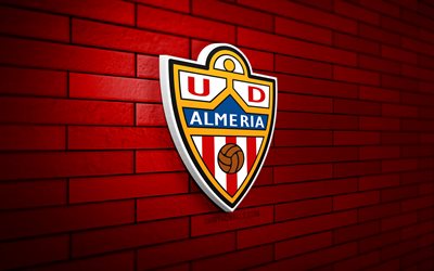 logo ud almeria 3d, 4k, mur de brique rouge, laliga, football, club de football espagnol, logo ud almeria, ud almeria, logo sportif, almeria fc