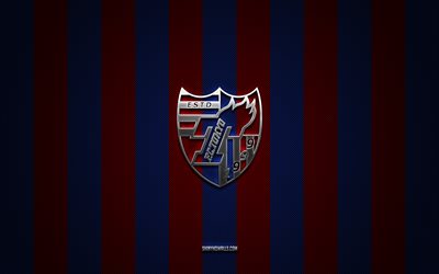 logo fc tokyo, squadra di calcio giapponese, j1 league, sfondo rosso blu carbonio, emblema fc tokyo, calcio, fc tokyo, giappone, logo in metallo argentato fc tokyo