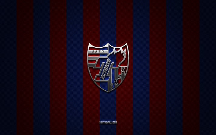 fc tokyo logosu, japon futbol kulübü, j1 ligi, kırmızı, mavi karbon arka plan, fc tokyo amblemi, futbol, fc tokyo, japonya, fc tokyo gümüş metal logo