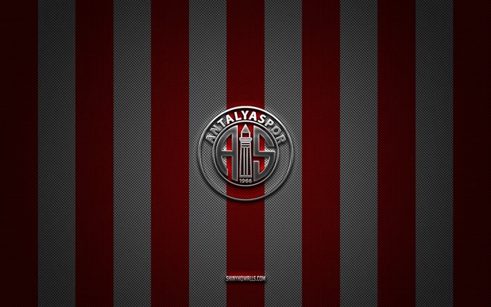 logo d antalyaspor, clubs de football turcs, super lig, fond de carbone blanc rouge, emblème d antalyaspor, football, logo en métal argenté d antalyaspor, antalyaspor fc