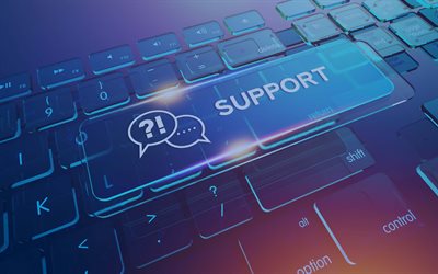مفاهيم الدعم, 4k, خلفية الدعم الأزرق, لوحة مفاتيح زرقاء ثلاثية الأبعاد, يساعد, خدمة الدعم, التقنية الرقمية, خلفية التكنولوجيا الزرقاء, الدعم