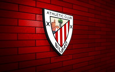 Athletic Bilbao 3D logo, 4K, red brickwall, LaLiga, soccer, spanish football club, Athletic Bilbao logo, football, Athletic Club, sports logo, Athletic Bilbao FC