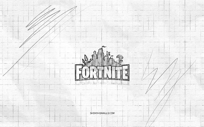 Fortnite sketch logo, 4K, checkered paper background, Fortnite black logo, online games, logo sketches, Fortnite logo, pencil drawing, Fortnite