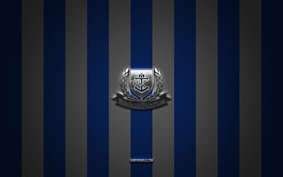 yokohama f marinos logo, japon futbol kulübü, j1 ligi, mavi beyaz karbon arka plan, yokohama f marinos amblemi, futbol, yokohama f marinos, japonya, yokohama f marinos gümüş metal logo