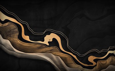 sarı 3d dalgalar, 4k, sıvı sanat, yaratıcı, siyah grunge arka planlar, dalgalar, soyut dalgalar, sıvı desenler, 3d dalgalar ile arka plan