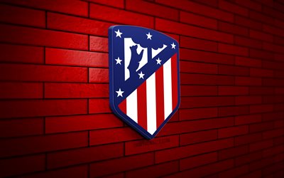 o atlético de madrid logotipo 3d, 4k, parede de tijolos vermelhos, laliga, futebol, clube de futebol espanhol, o atlético de madrid logotipo, o atlético de madrid, logotipo esportivo, o atlético de madrid fc