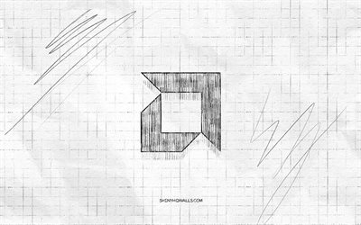 amd sketch logo, 4k, papel quadriculado de fundo, amd preto logo, marcas, logo esboços, amd logo, desenho a lápis, amd