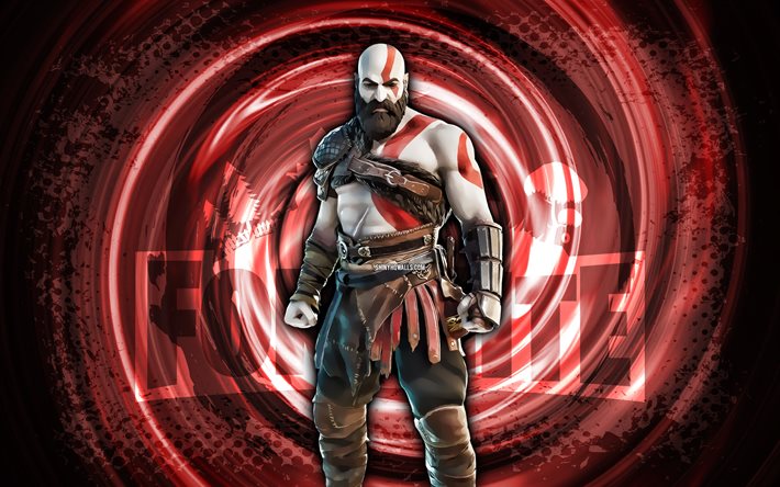 4k, kratos, fortnite, rouge grunge spirale fond, fortnite kratos skin, kratos fortnite caractère, kratos fortnite, fortnite caractères, grunge art, kratos skin