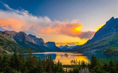 4k, Saint Mary Lake, Glacier National Park, sunset, summer, american landmarks, beautiful nature, USA, America, lakes, forest, mountains, HDR