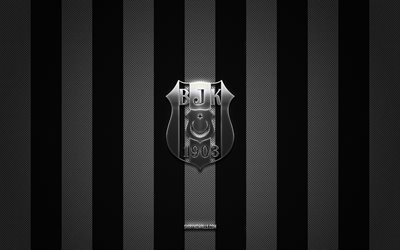 logotipo de besiktas, clubes de fútbol turcos, super lig, fondo de carbono blanco negro, emblema de besiktas, fútbol, logotipo de metal plateado de besiktas, besiktas jk, besiktas fc