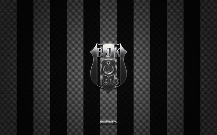 besiktas-logo, türkische fußballvereine, super lig, schwarz-weißer kohlenstoffhintergrund, besiktas-emblem, fußball, besiktas-silbermetalllogo, besiktas jk, besiktas fc
