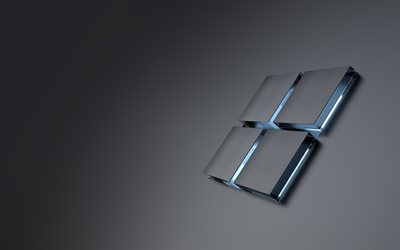 شعار windows, 4k, شعار زجاج النوافذ الزرقاء, خلفية رمادية, شعار windows ثلاثي الأبعاد, نظام التشغيل, شبابيك, فن الزجاج