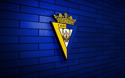cadiz cf logo 3d, 4k, muro di mattoni blu, laliga, calcio, squadra di calcio spagnola, logo cadiz cf, cadiz cf, logo sportivo, cadiz fc