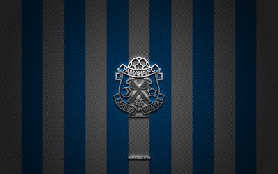 logotipo de jubilo iwata, club de fútbol japonés, liga j1, fondo de carbono blanco azul, emblema de jubilo iwata, fútbol, jubilo iwata, japón, logotipo de metal plateado de jubilo iwata