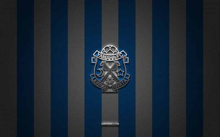 شعار jubilo iwata, نادي كرة القدم الياباني, دوري j1, خلفية الكربون الأبيض الأزرق, كرة القدم, جوبيلو ايواتا, اليابان, شعار jubilo iwata المعدني الفضي