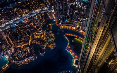 dubai, vista desde los rascacielos, noche, fuentes, luces de la ciudad, rascacielos, panorama de dubai, paisaje urbano de dubai, emiratos árabes unidos