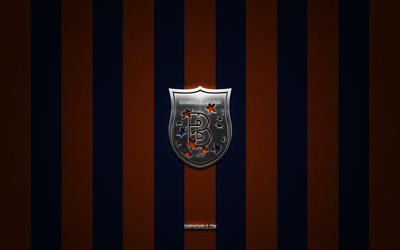 istanbul basaksehir-logo, türkische fußballvereine, super lig, blau-orangeer kohlenstoffhintergrund, istanbul basaksehir-emblem, fußball, istanbul basaksehir-silbermetalllogo, istanbul basaksehir fc