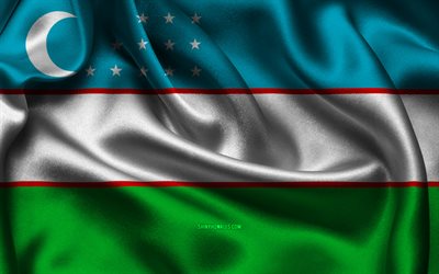 ウズベキスタンの国旗, 4k, アジア諸国, サテンフラグ, ウズベキスタンの日, 波状のサテンの旗, ウズベクの旗, ウズベクの国のシンボル, アジア, ウズベキスタン