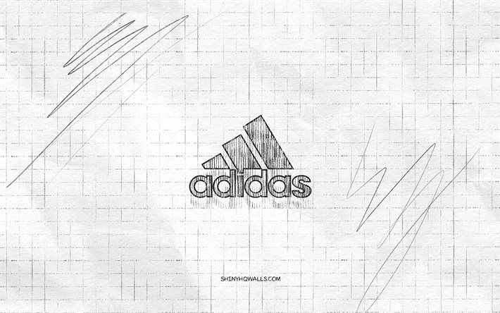 Adidas sketch logo, 4K, checkered paper background, Adidas black logo, sports brands, logo sketches, Adidas logo, pencil drawing, Adidas