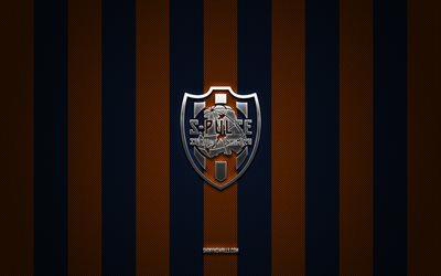 logo shimizu s-pulse, squadra di calcio giapponese, j1 league, sfondo blu arancione carbonio, emblema shimizu s-pulse, calcio, shimizu s-pulse, giappone, logo in metallo argento shimizu s-pulse