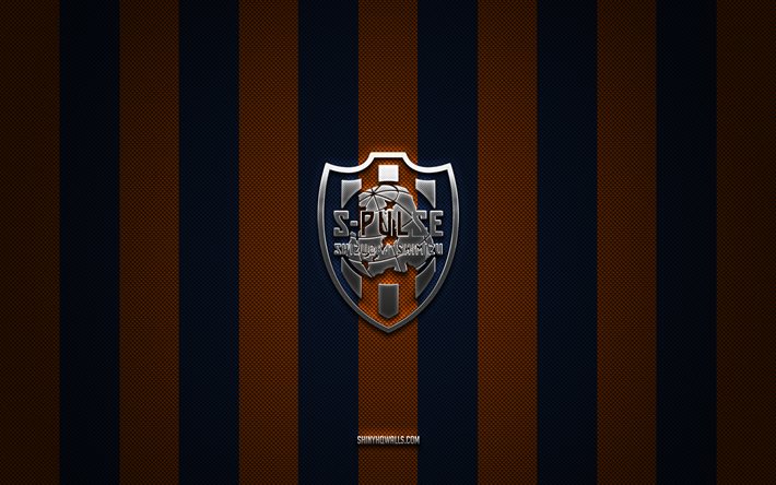 Shimizu S-Pulse logo, Japanese football club, J1 League, blue orange carbon background, Shimizu S-Pulse emblem, football, Shimizu S-Pulse, Japan, Shimizu S-Pulse silver metal logo