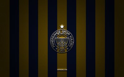 logo fenerbahce, clubs de football turcs, super lig, fond bleu carbone jaune, emblème fenerbahce, football, logo en métal argenté fenerbahce, fenerbahce sk, fenerbahce fc