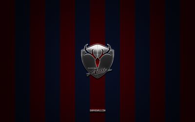 logo kashima antlers, squadra di calcio giapponese, j1 league, sfondo rosso blu carbonio, emblema kashima antlers, calcio, kashima antlers, giappone, logo in metallo argento kashima antlers