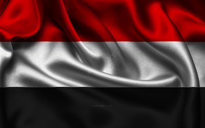 jemen-flagge, 4k, asiatische länder, satinflaggen, flagge des jemen, tag des jemen, gewellte satinflaggen, jemenitische flagge, jemenitische nationalsymbole, asien, jemen