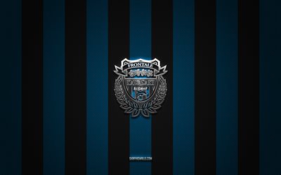 logotipo de kawasaki frontale, club de fútbol japonés, liga j1, fondo de carbono blanco azul, emblema de kawasaki frontale, fútbol, kawasaki frontale, japón, logotipo de metal plateado de kawasaki frontale