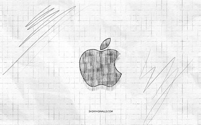 アップル スケッチ ロゴ, 4k, 市松模様の紙の背景, アップルブラックロゴ, ブランド, ロゴスケッチ, アップルのロゴ, 鉛筆画, アップル