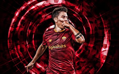 Paulo Dybala, 4k, AS Roma, purple abstract background, soccer, Serie A, argentinean footballers, Paulo Dybala 4K, Roma FC, Dybala, abstract rays, football, Paulo Dybala Roma