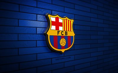 logotipo 3d del fc barcelona, 4k, pared de ladrillo azul, laliga, fútbol, club de fútbol español, logotipo del fc barcelona, fc barcelona, logotipo deportivo, fcb
