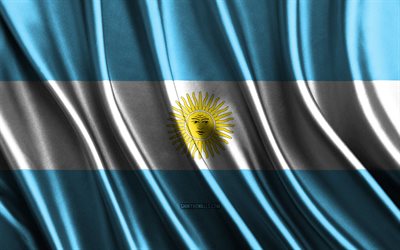 drapeau de l'argentine, 4k, soie drapeaux 3d, pays d'amérique du sud, jour de l'argentine, tissu 3d vagues, drapeau argentin, soie drapeaux ondulés, symboles nationaux argentins, argentine, amérique du sud