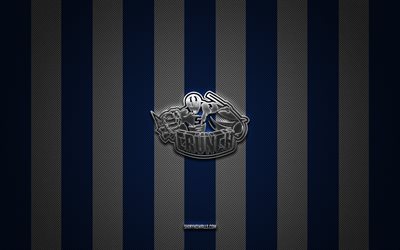 syracuse crunch-logo, amerikanisches hockeyteam, ahl, blau-weißer karbonhintergrund, syracuse crunch-emblem, hockey, syracuse crunch, usa, silbernes metalllogo von syracuse crunch