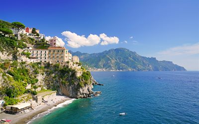 Atrani, Amalfi Coast, seascape, resort, summer, coast, Atrani cityscape, Campania, Salerno, Italy