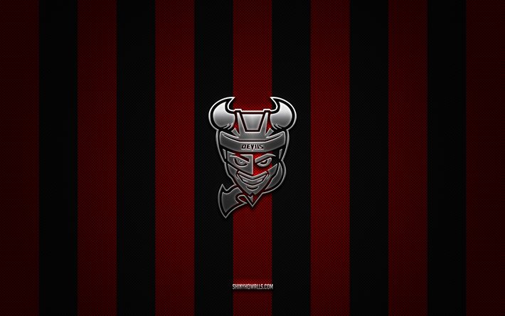 binghamton devils-logo, amerikanisches hockeyteam, ahl, roter schwarzer kohlenstoffhintergrund, binghamton devils-emblem, hockey, binghamton devils, usa, binghamton devils-silbermetalllogo