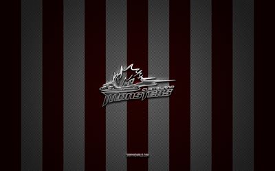 logotipo de cleveland monsters, equipo de hockey estadounidense, ahl, fondo de carbono blanco burdeos, emblema de cleveland monsters, hockey, cleveland monsters, ee uu, logotipo de metal plateado de cleveland monsters