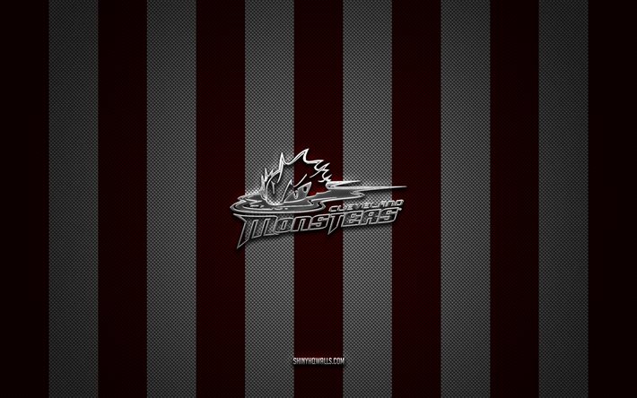 Cleveland Monsters logo, American hockey team, AHL, burgundy white carbon background, Cleveland Monsters emblem, hockey, Cleveland Monsters, USA, Cleveland Monsters silver metal logo