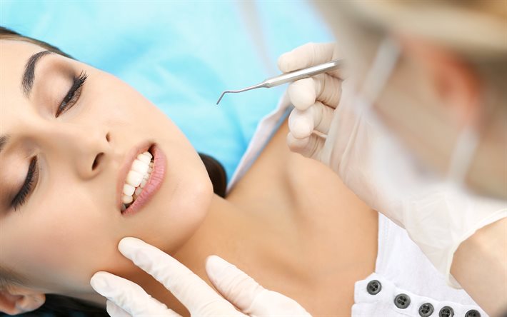 odontologia, 4k, tratamentos odontológicos, check-up do dentista, ferramentas odontológicas, dia do dentista, mulher no dentista