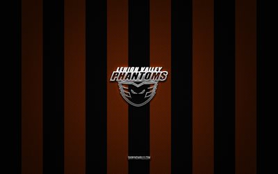 lehigh valley phantoms-logo, amerikanisches hockeyteam, ahl, orange-schwarzer karbonhintergrund, lehigh valley phantoms-emblem, hockey, lehigh valley phantoms, usa, lehigh valley phantoms-silbermetalllogo