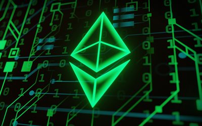 neon-logo von ethereum, kryptowährungen, kreativ, binärcode, online-geld, grünes logo von ethereum, investitionen, finanzen, ethereum