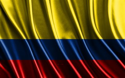 bandeira da colômbia, 4k, bandeiras 3d de seda, países da américa do sul, dia da colômbia, ondas de tecido 3d, bandeira colombiana, bandeiras onduladas de seda, símbolos nacionais colombianos, colômbia, américa do sul