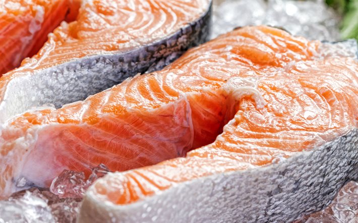 salmão fresco, 4k, peixe fresco, salmão, bifes de salmão, salmão no gelo, pedaços de peixe fresco, frutos do mar