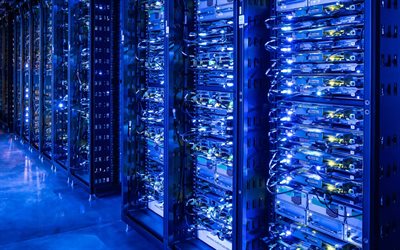 hardware del server, 4k, server dedicati, hosting, server web, data center, archiviazione dati, hardware web, sfondo blu del server