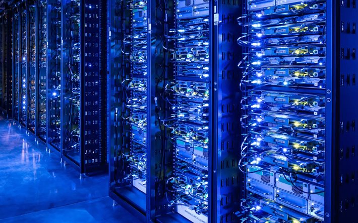 서버 하드웨어, 4k, 전용 서버, 호스팅, 웹 서버, 데이터 센터, 데이터 저장고, 웹 하드웨어, 파란색 서버 배경