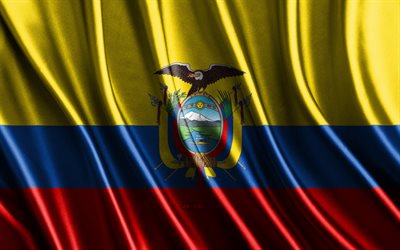 bandeira do equador, 4k, bandeiras 3d de seda, países da américa do sul, dia do equador, ondas de tecido 3d, bandeira equatoriana, bandeiras onduladas de seda, símbolos nacionais equatorianos, equador, américa do sul