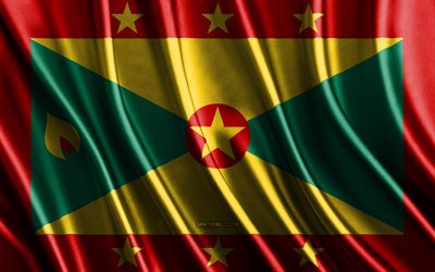 Flag of Grenada, 4k, silk 3D flags, Countries of North America, Day of Grenada, 3D fabric waves, Grenadian flag, silk wavy flags, Grenada flag, North American countries, Grenadian national symbols, Grenada, North America